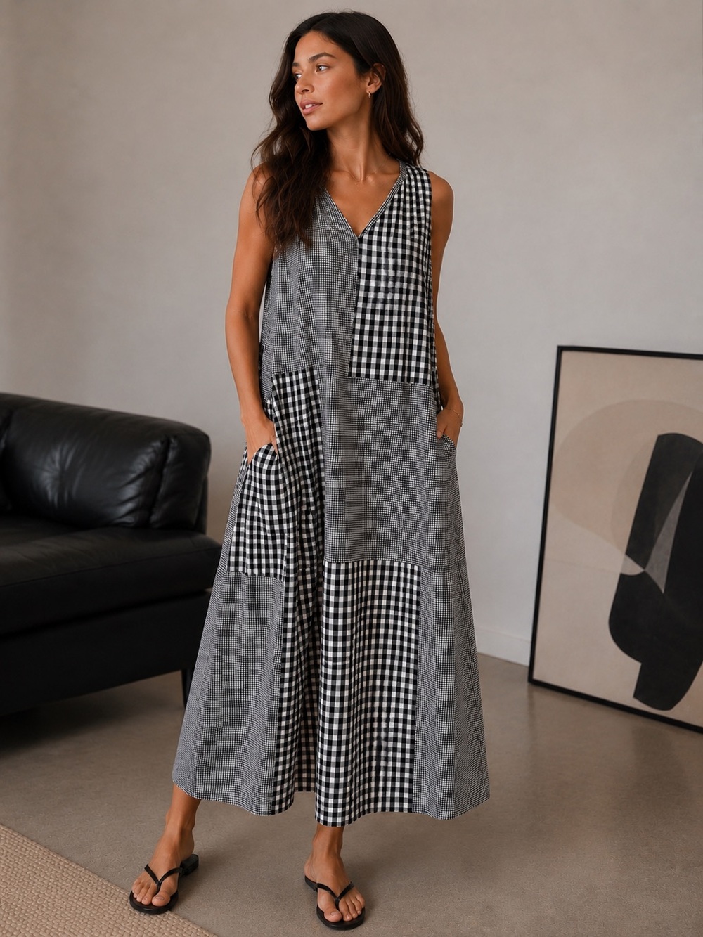 Tulip 100% Cotton Patchwork Gingham Maxi Dress Black White‎ Sleeveless Small
